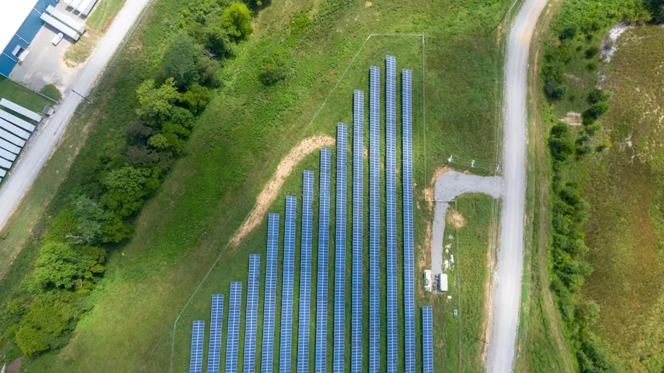Solar panels arranged across a green landscape